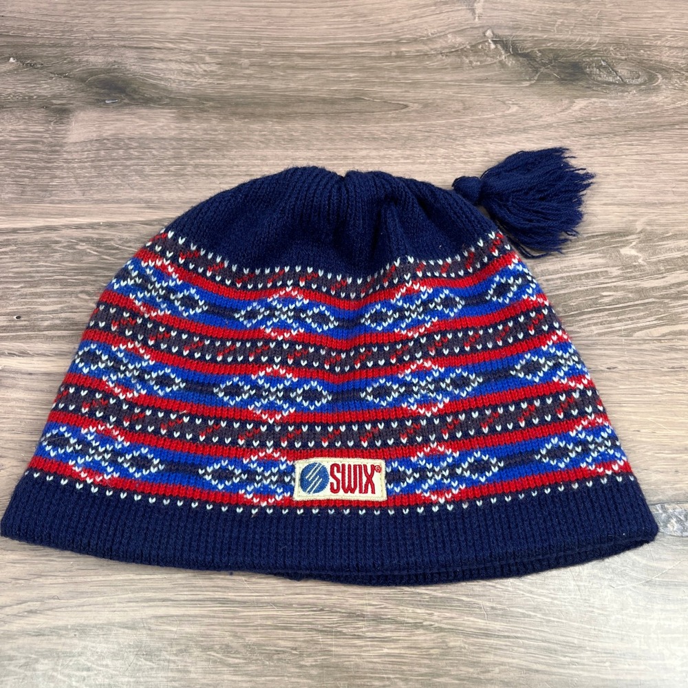Swix Ski Hat Navy Blue Red Fair Isle Wool Blend Fleece Lined Tassel‎ OS